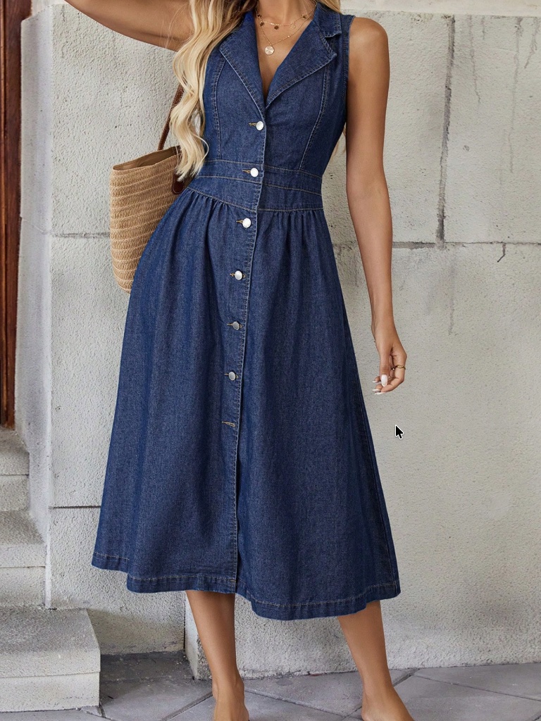 Solid V Neck Button Down Sleeveless Stretchy Waist Midi Dress